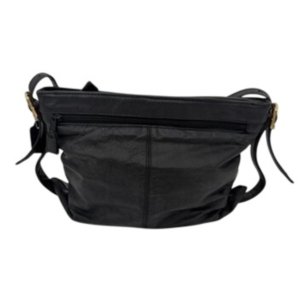 Cabin Creek Black Genuine Leather Crossbody Bag Zip‎ Top Adjustable Strap Brass